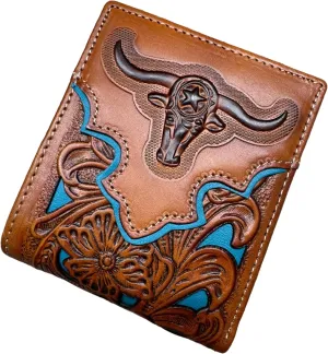 Urbalabs Mens Wallet Floral Longhorn Embossed Cowboy Western Leather Wallet High End Cut Out Layered Leather Style Mens Wallets Leather Bull Rider Rodeo Gifts For Men (Brown & Teal)