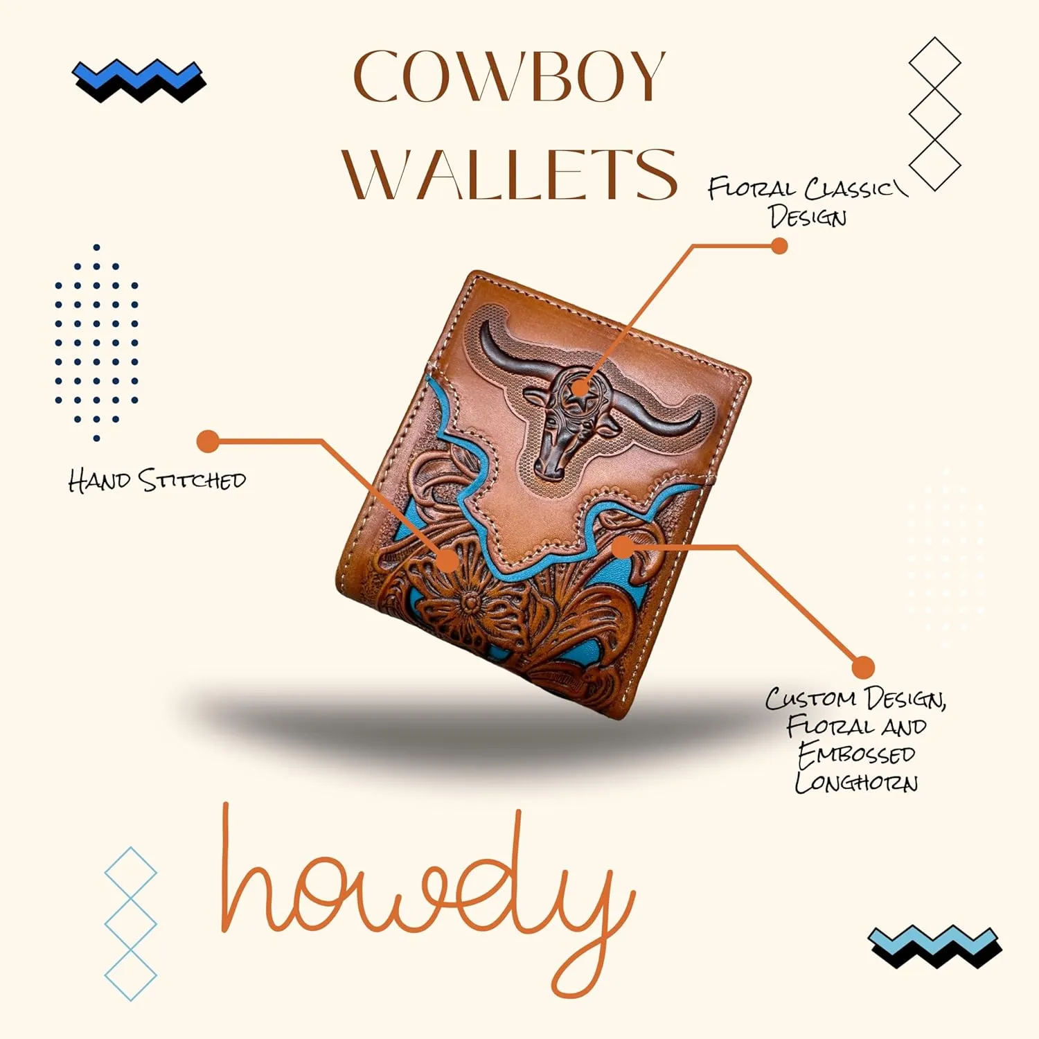 Urbalabs Mens Wallet Floral Longhorn Embossed Cowboy Western Leather Wallet High End Cut Out Layered Leather Style Mens Wallets Leather Bull Rider Rodeo Gifts For Men (Brown & Teal)