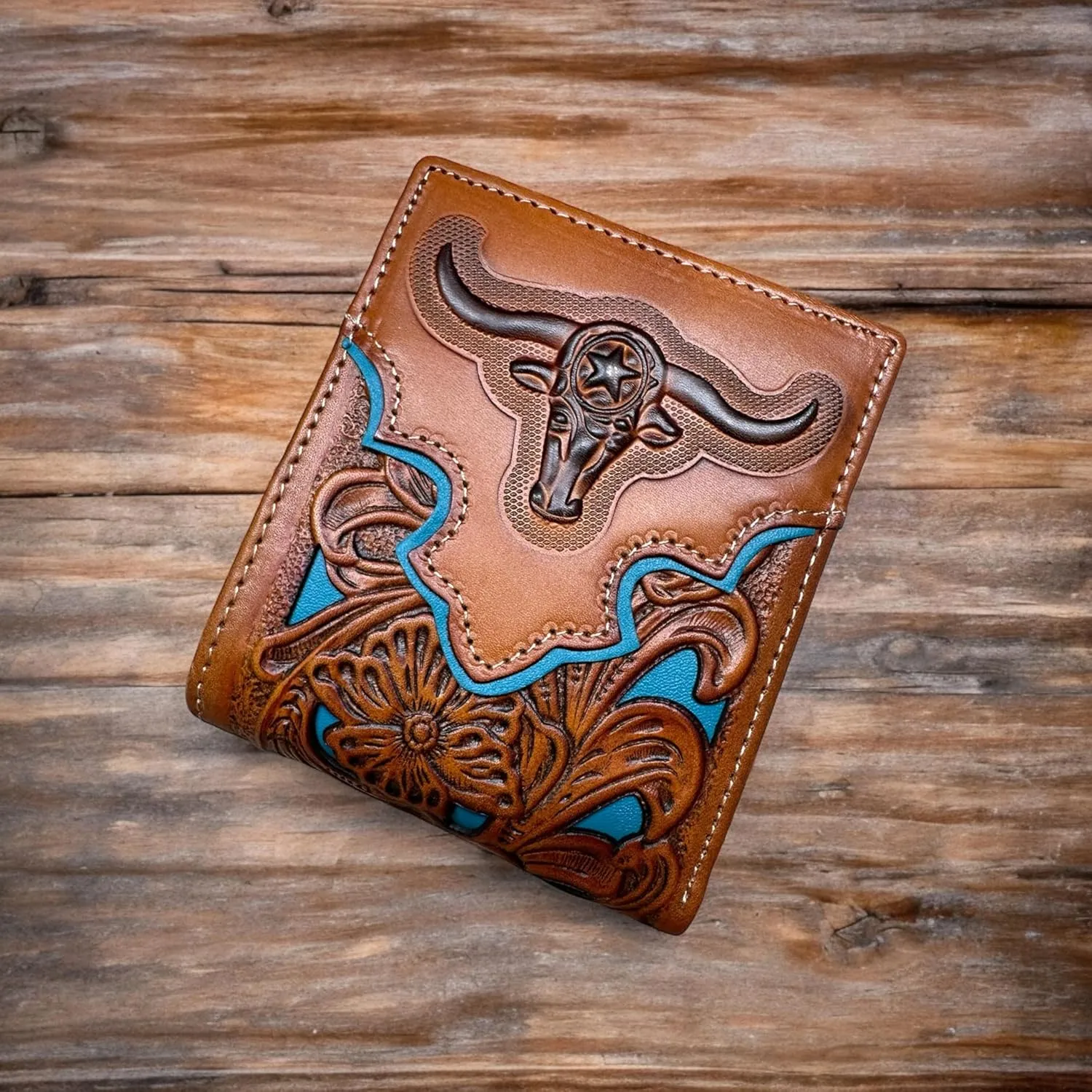 Urbalabs Mens Wallet Floral Longhorn Embossed Cowboy Western Leather Wallet High End Cut Out Layered Leather Style Mens Wallets Leather Bull Rider Rodeo Gifts For Men (Brown & Teal)