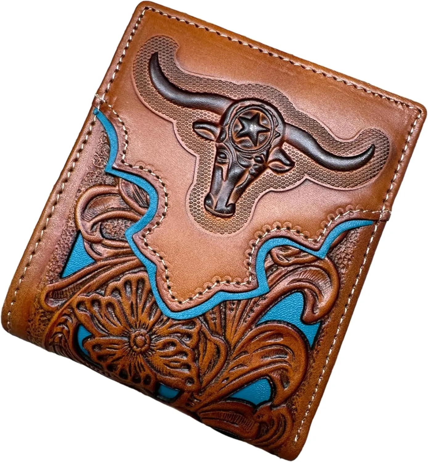 Urbalabs Mens Wallet Floral Longhorn Embossed Cowboy Western Leather Wallet High End Cut Out Layered Leather Style Mens Wallets Leather Bull Rider Rodeo Gifts For Men (Brown & Teal)