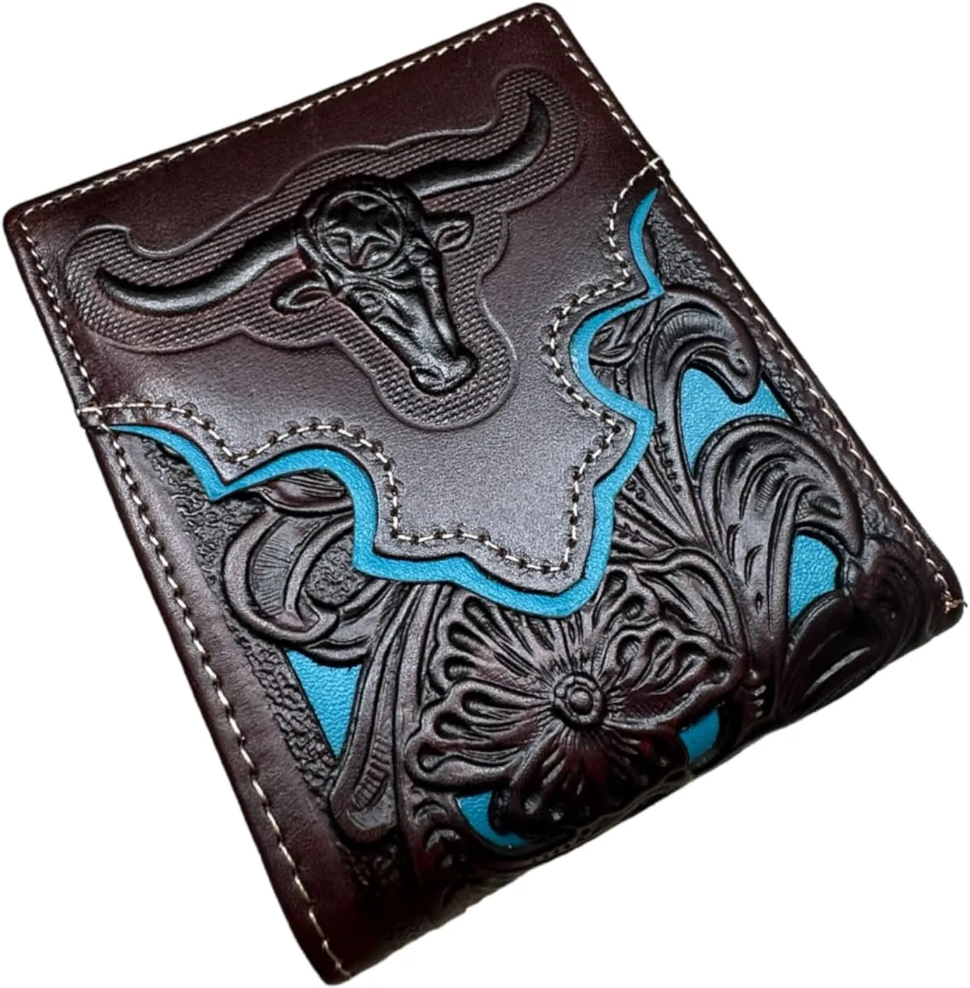 Urbalabs Mens Wallet Floral Longhorn Embossed Cowboy Western Leather Wallet High End Cut Out Layered Leather Style Mens Wallets Leather Bull Rider Rodeo Gifts For Men (Coffee & Teal)