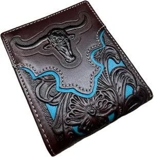 Urbalabs Mens Wallet Floral Longhorn Embossed Cowboy Western Leather Wallet High End Cut Out Layered Leather Style Mens Wallets Leather Bull Rider Rodeo Gifts For Men (Coffee & Teal)