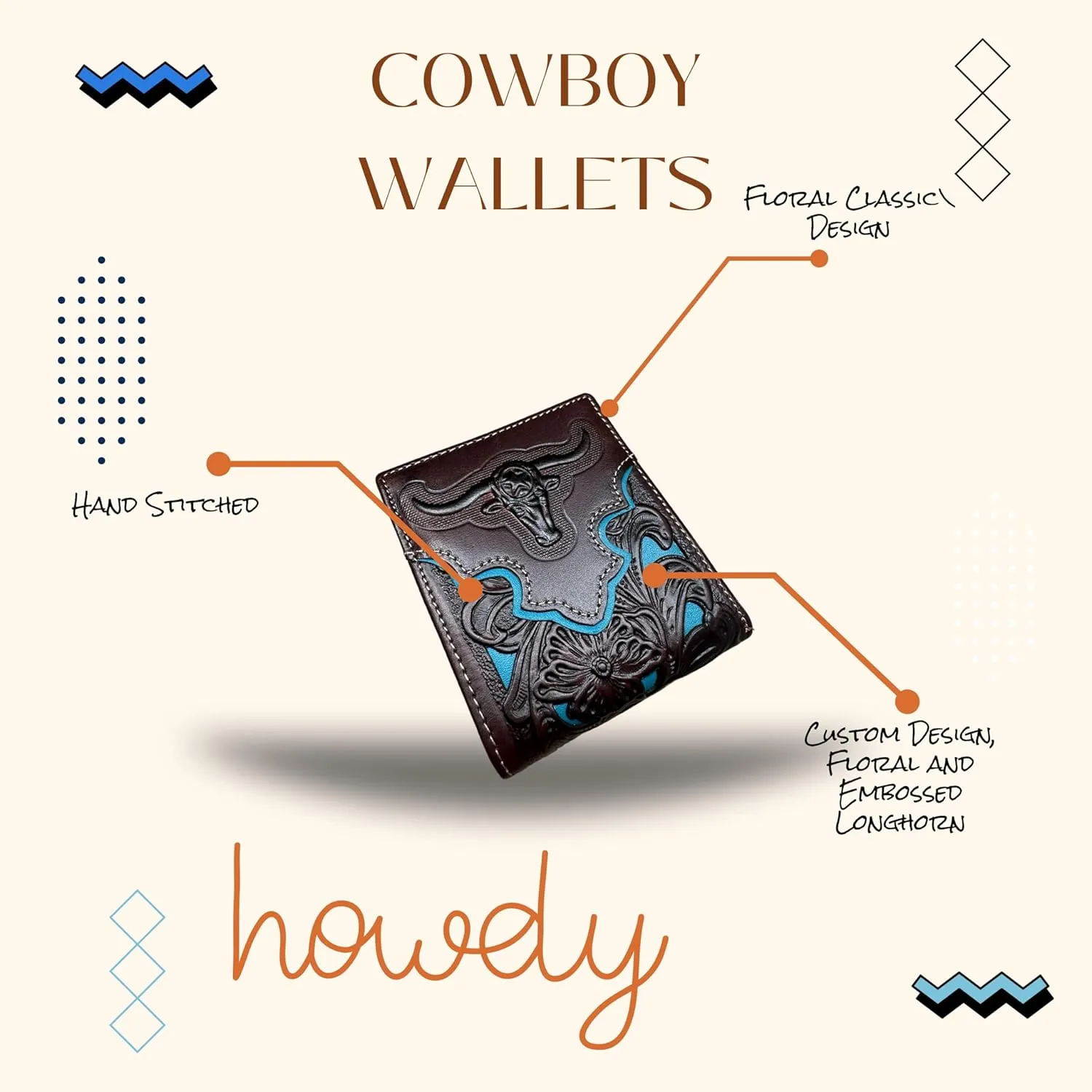 Urbalabs Mens Wallet Floral Longhorn Embossed Cowboy Western Leather Wallet High End Cut Out Layered Leather Style Mens Wallets Leather Bull Rider Rodeo Gifts For Men (Coffee & Teal)