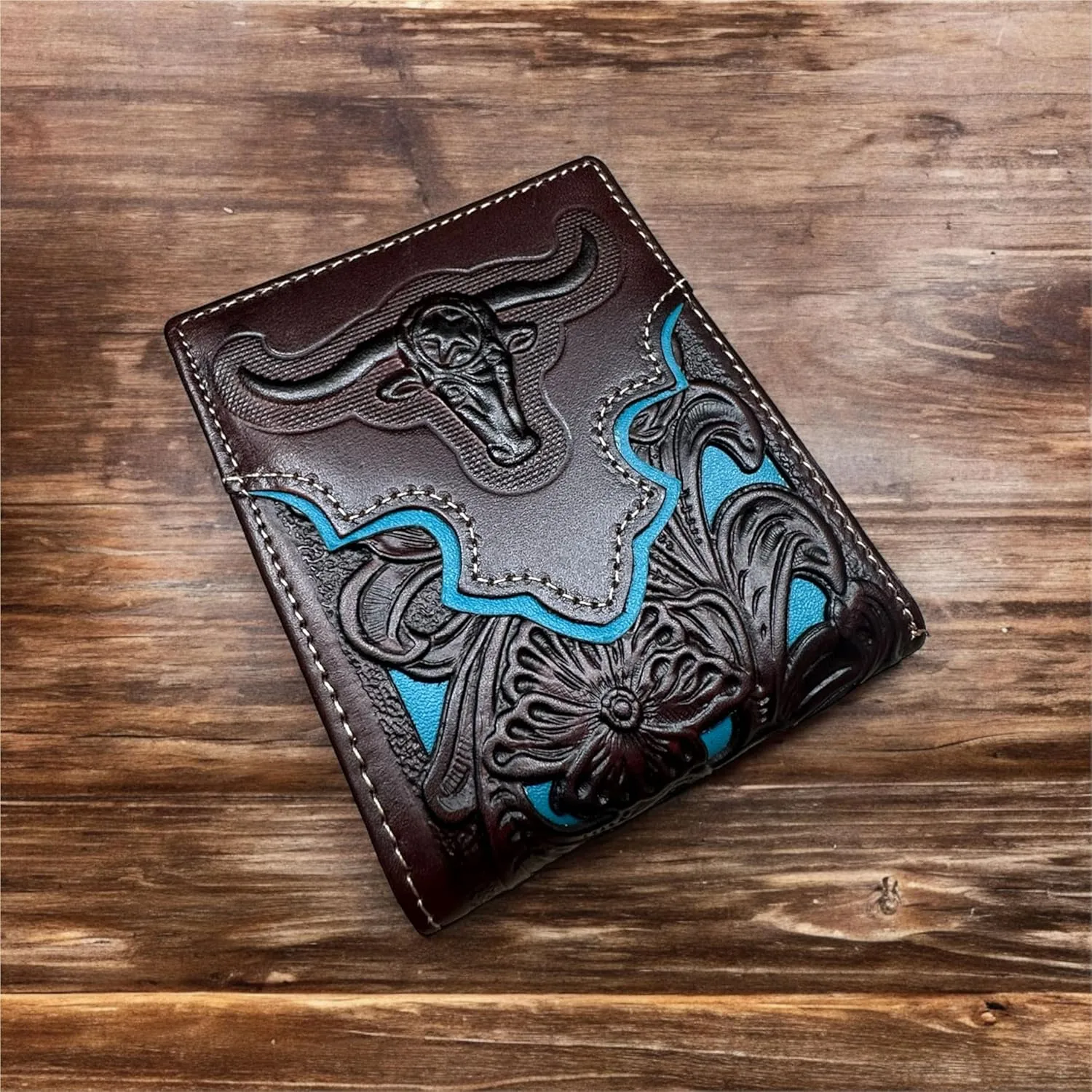Urbalabs Mens Wallet Floral Longhorn Embossed Cowboy Western Leather Wallet High End Cut Out Layered Leather Style Mens Wallets Leather Bull Rider Rodeo Gifts For Men (Coffee & Teal)