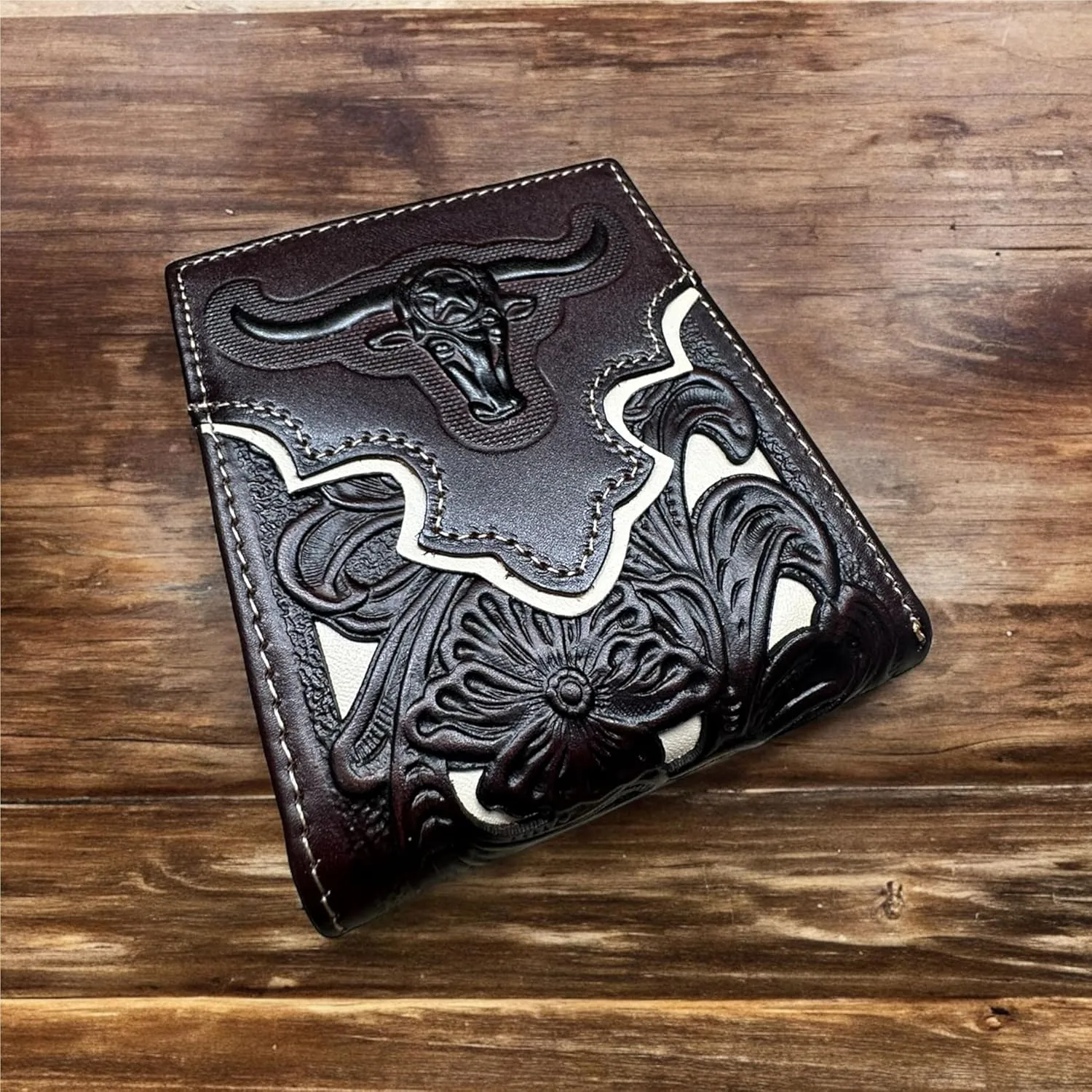 Urbalabs Mens Wallet Floral Longhorn Embossed Cowboy Western Leather Wallet High End Cut Out Layered Leather Style Mens Wallets Leather Bull Rider Rodeo Gifts For Men (Coffee & White)