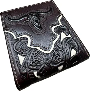 Urbalabs Mens Wallet Floral Longhorn Embossed Cowboy Western Leather Wallet High End Cut Out Layered Leather Style Mens Wallets Leather Bull Rider Rodeo Gifts For Men (Coffee & White)