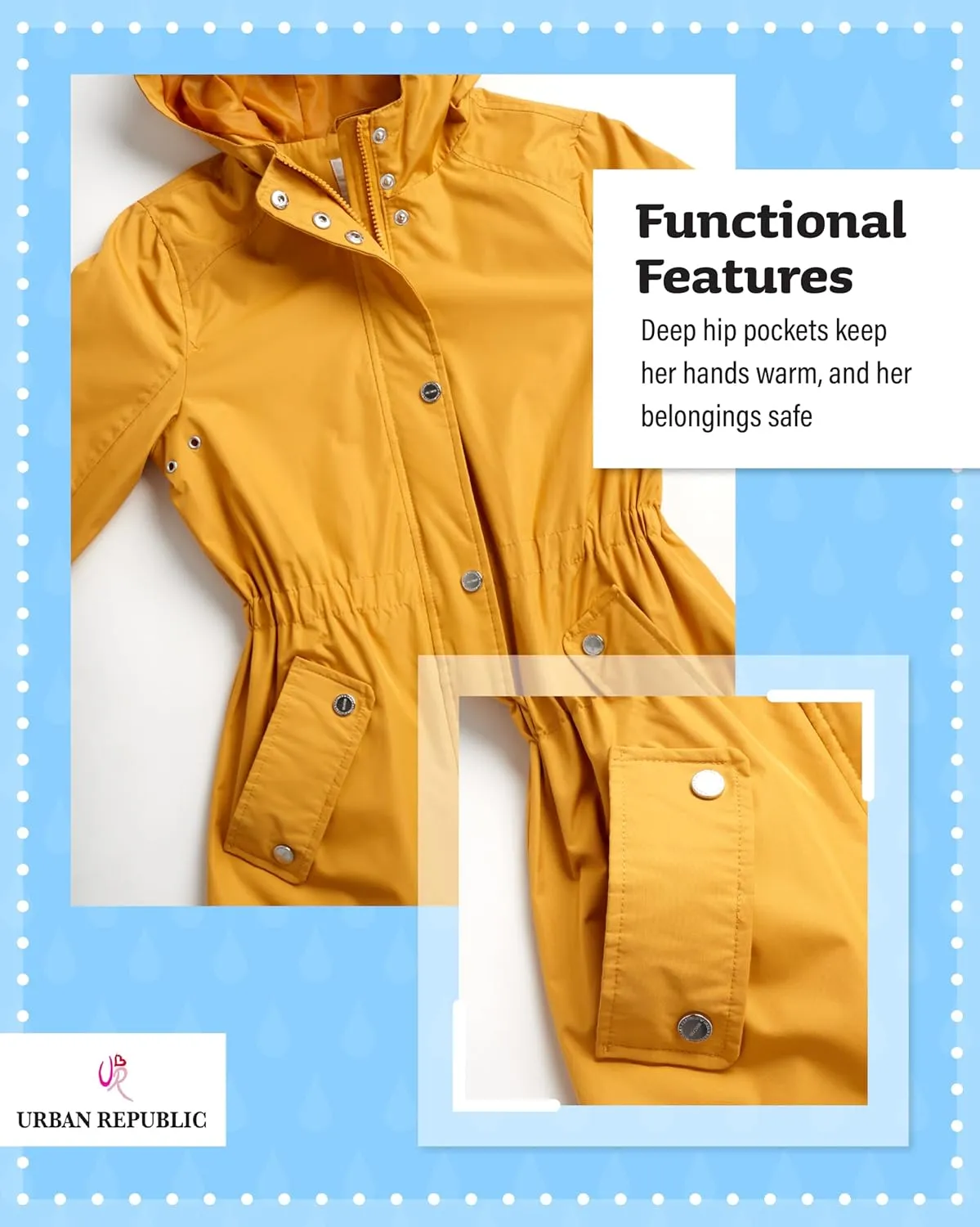 URBAN REPUBLIC Girls Rain Jacket - Lightweight Raincoat for Girls Slicker Shell Windbreaker Hooded Kids Raincoat (Size 7-16)