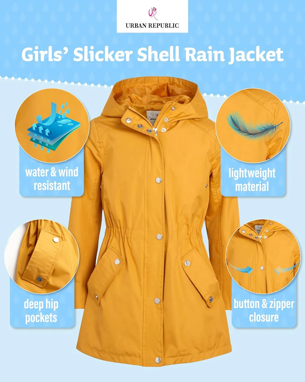 URBAN REPUBLIC Girls Rain Jacket - Lightweight Raincoat for Girls Slicker Shell Windbreaker Hooded Kids Raincoat (Size 7-16)