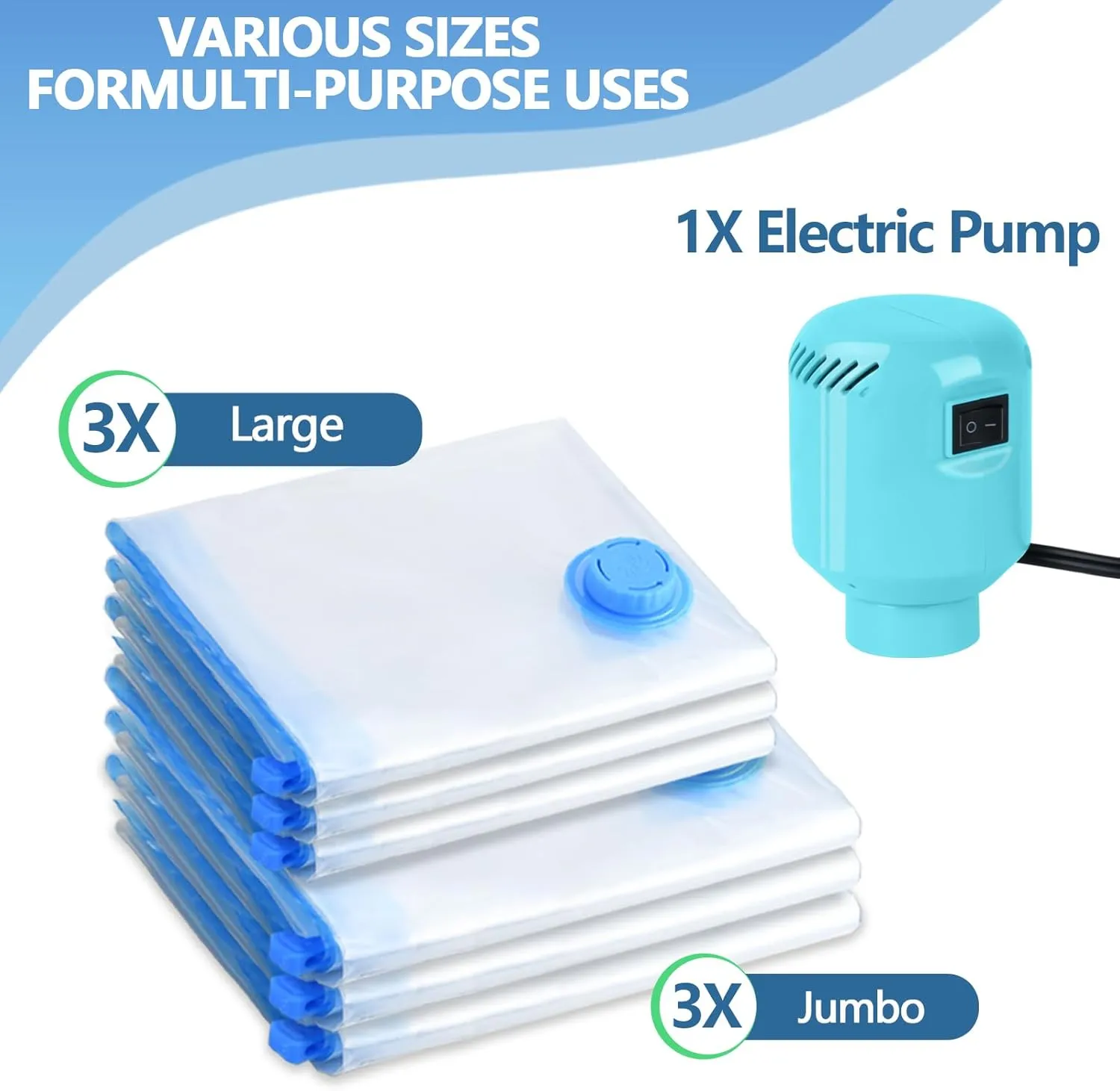 Vacuum Storage Bags with Electric Air Pump, 6 Pack (3 Jumbo, 3 Large) Fast Deflating Double Zip Seal Space Saver Bag for Clothes, Mattress, Blanket, Duvets