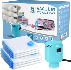 Vacuum Storage Bags with Electric Air Pump, 6 Pack (3 Jumbo, 3 Large) Fast Deflating Double Zip Seal Space Saver Bag for Clothes, Mattress, Blanket, Duvets
