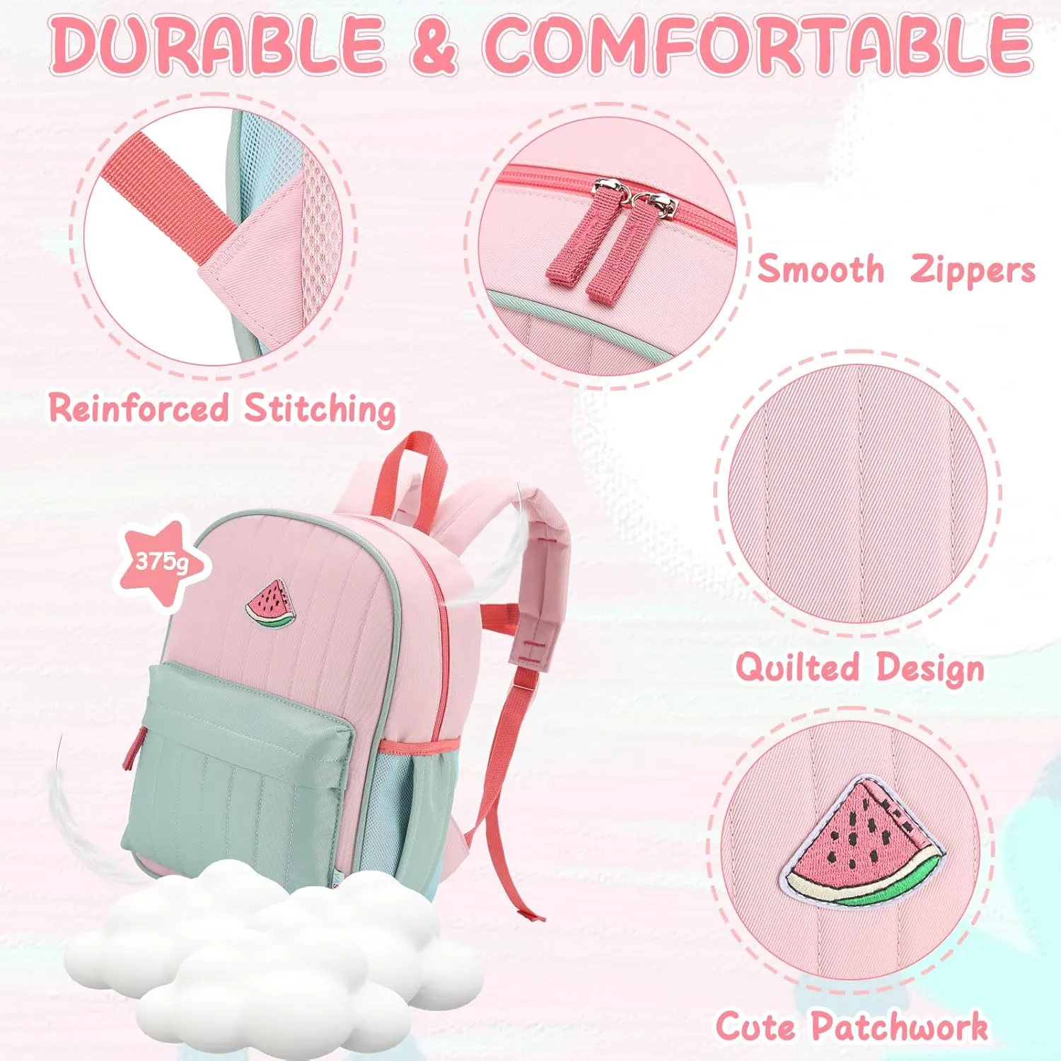 VASCHY Kids Backpack for Girls, Lightweight Quilted Color-blocked Bookbag Preschool Backpack for Kindergarten Children Light Pink Green