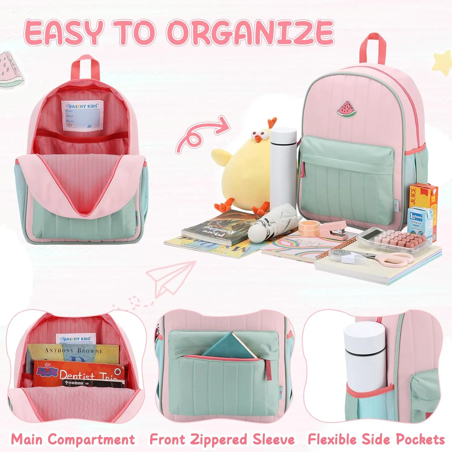 VASCHY Kids Backpack for Girls, Lightweight Quilted Color-blocked Bookbag Preschool Backpack for Kindergarten Children Light Pink Green