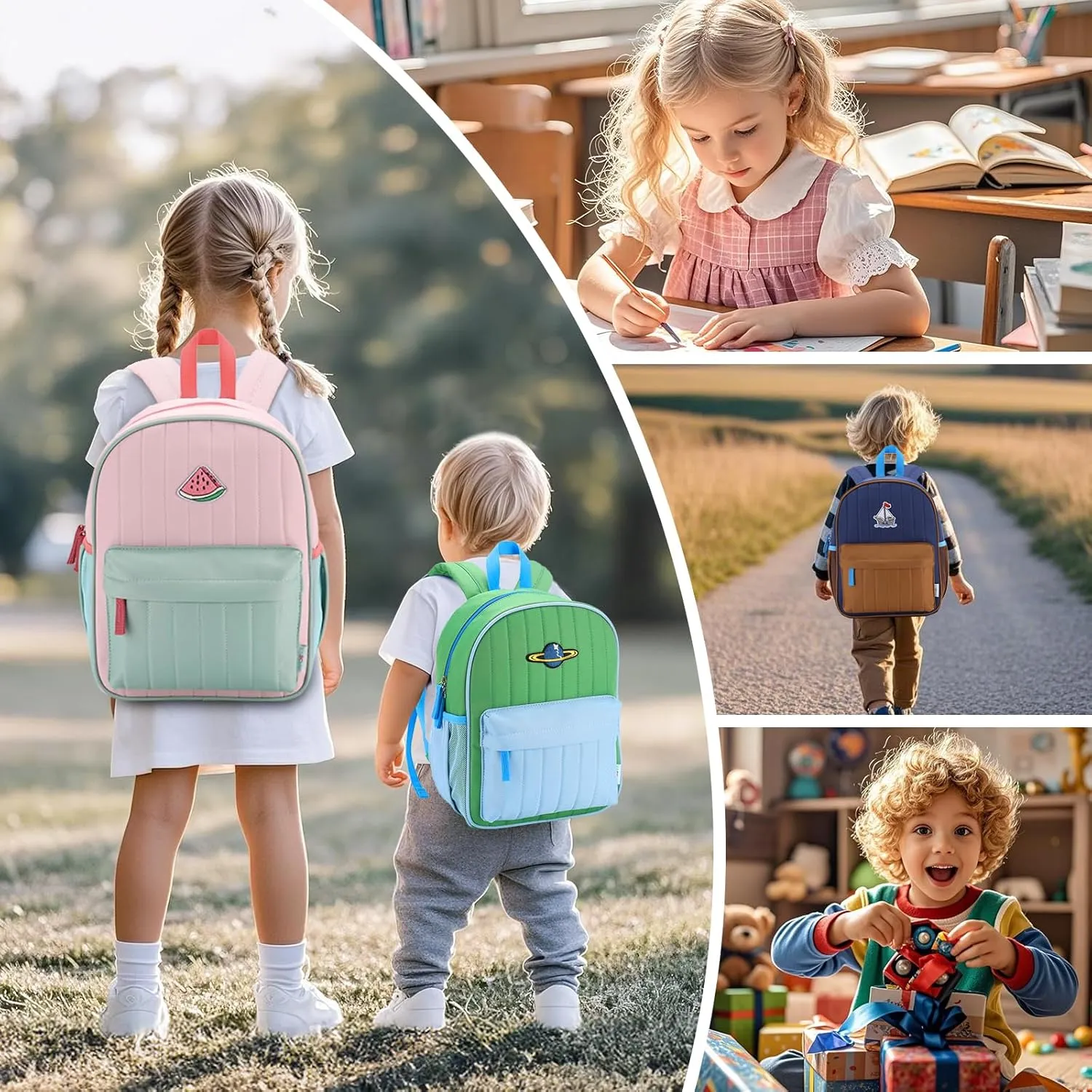 VASCHY Kids Backpack for Girls, Lightweight Quilted Color-blocked Bookbag Preschool Backpack for Kindergarten Children Light Pink Green