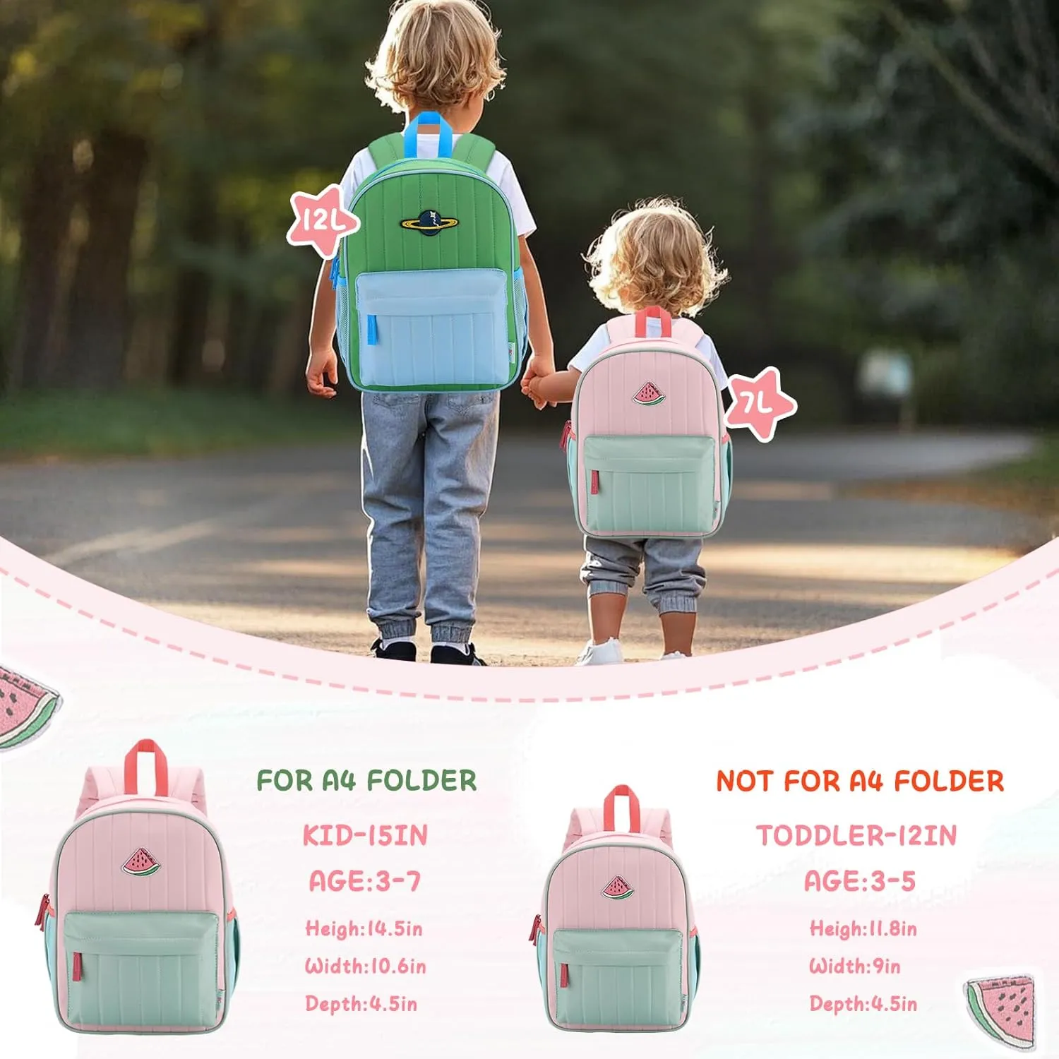 VASCHY Kids Backpack for Girls, Lightweight Quilted Color-blocked Bookbag Preschool Backpack for Kindergarten Children Light Pink Green