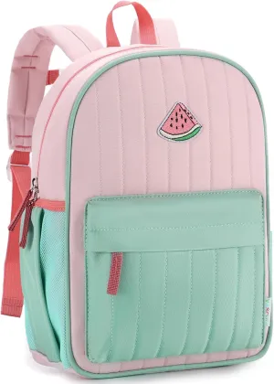 VASCHY Kids Backpack for Girls, Lightweight Quilted Color-blocked Bookbag Preschool Backpack for Kindergarten Children Light Pink Green