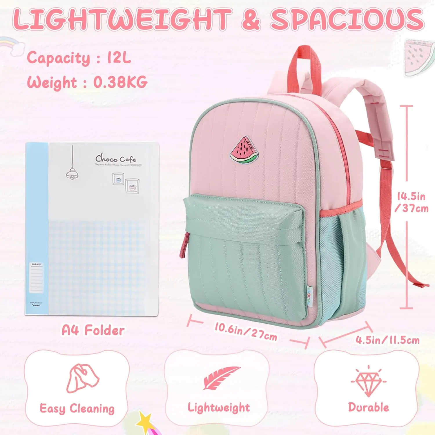 VASCHY Kids Backpack for Girls, Lightweight Quilted Color-blocked Bookbag Preschool Backpack for Kindergarten Children Light Pink Green