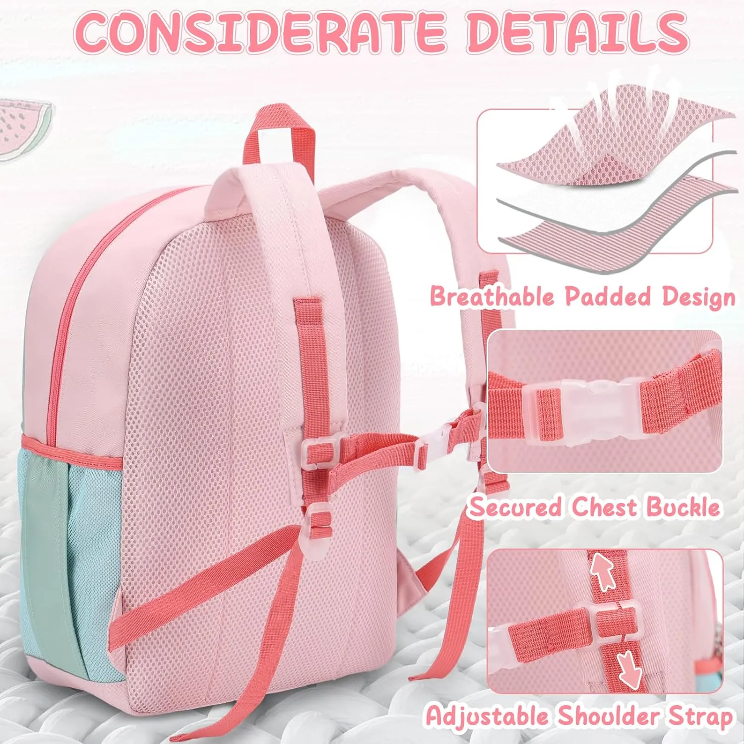 VASCHY Kids Backpack for Girls, Lightweight Quilted Color-blocked Bookbag Preschool Backpack for Kindergarten Children Light Pink Green