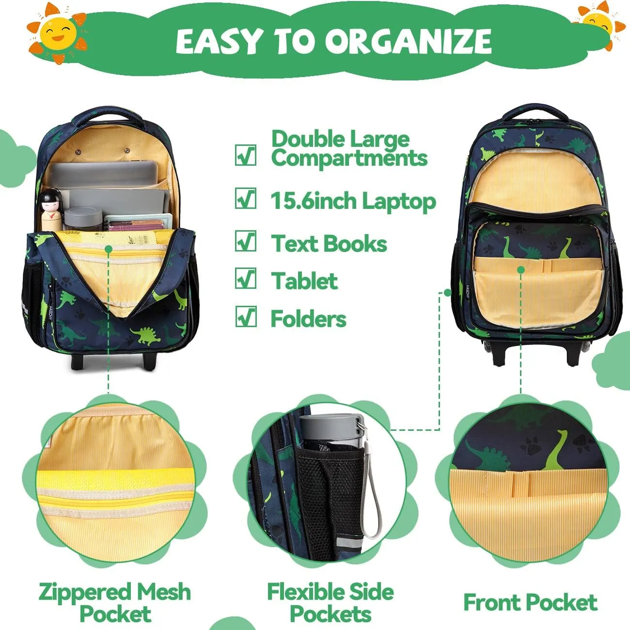 VASCHY Rolling Backpack Kids, 17in Water Resistant Large Bookbag Carry-on Travel Trip Bag with Wheels for Boys Girls Green