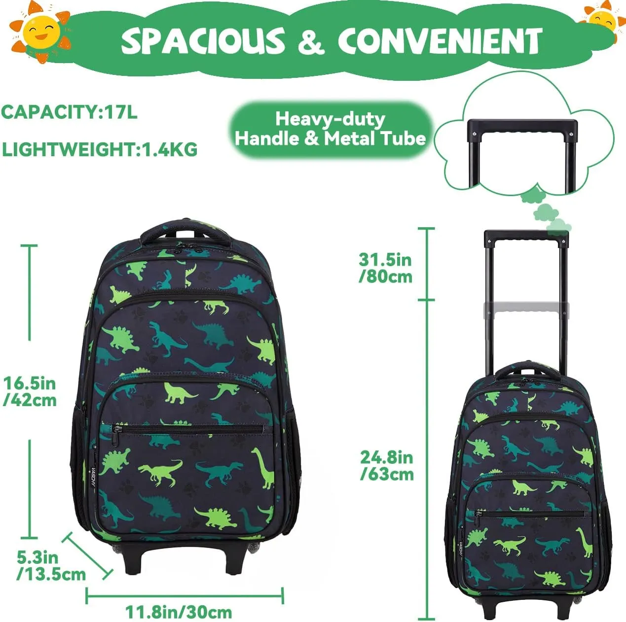 VASCHY Rolling Backpack Kids, 17in Water Resistant Large Bookbag Carry-on Travel Trip Bag with Wheels for Boys Girls Green