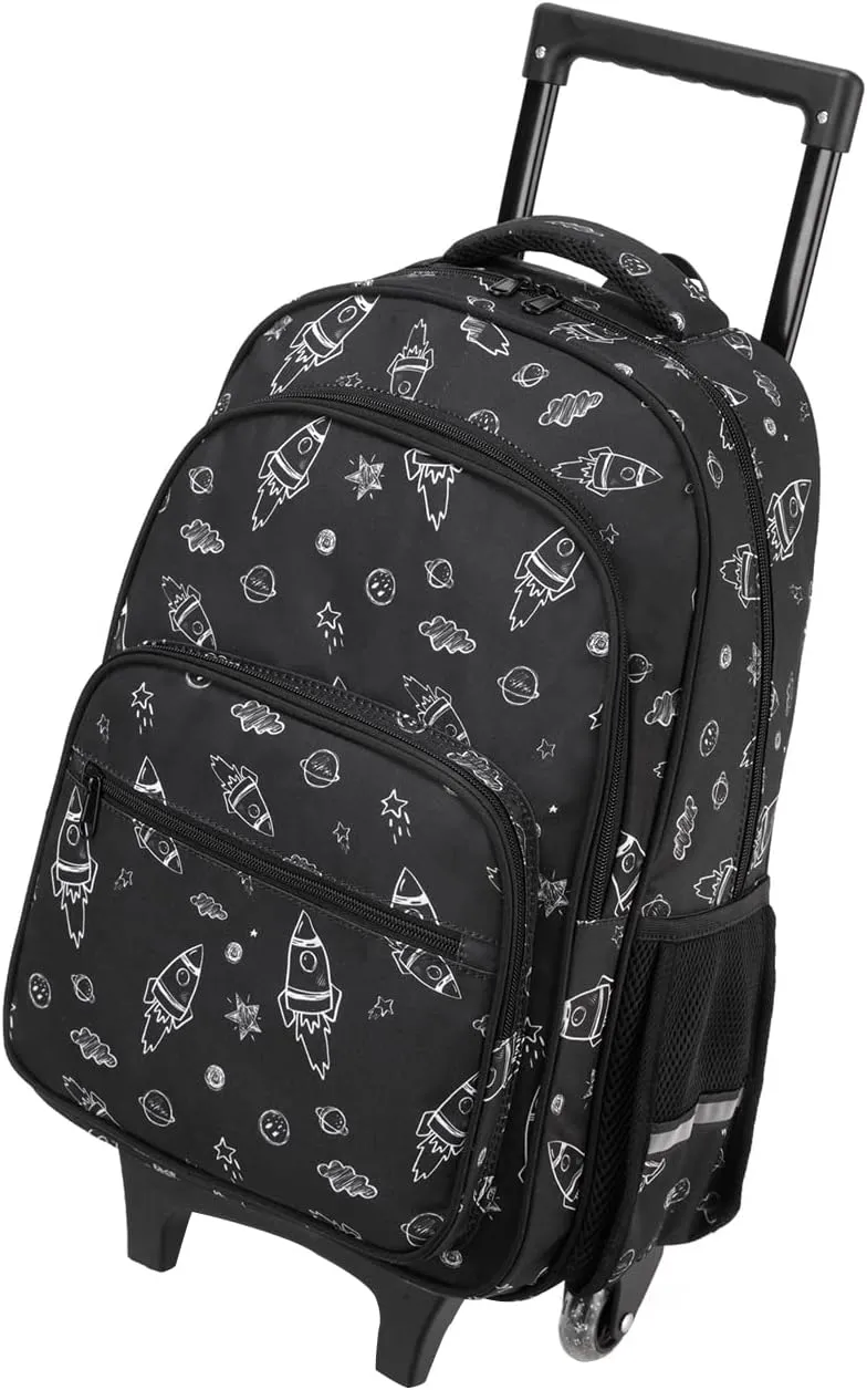VASCHY Rolling Backpack Kids, 17in Water Resistant Large Schoolbag Carry-on Travel Trip Bag with Wheels for Boys Rockets