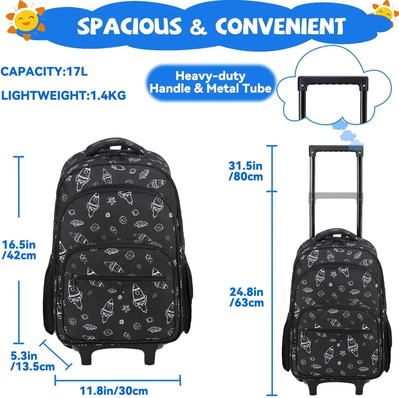 VASCHY Rolling Backpack Kids, 17in Water Resistant Large Schoolbag Carry-on Travel Trip Bag with Wheels for Boys Rockets