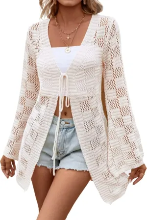 Verdusa Women's Crochet Cardigan Lightweight Kimono Sweater Tie Front Flounce Sleeve Sheer Knit Top