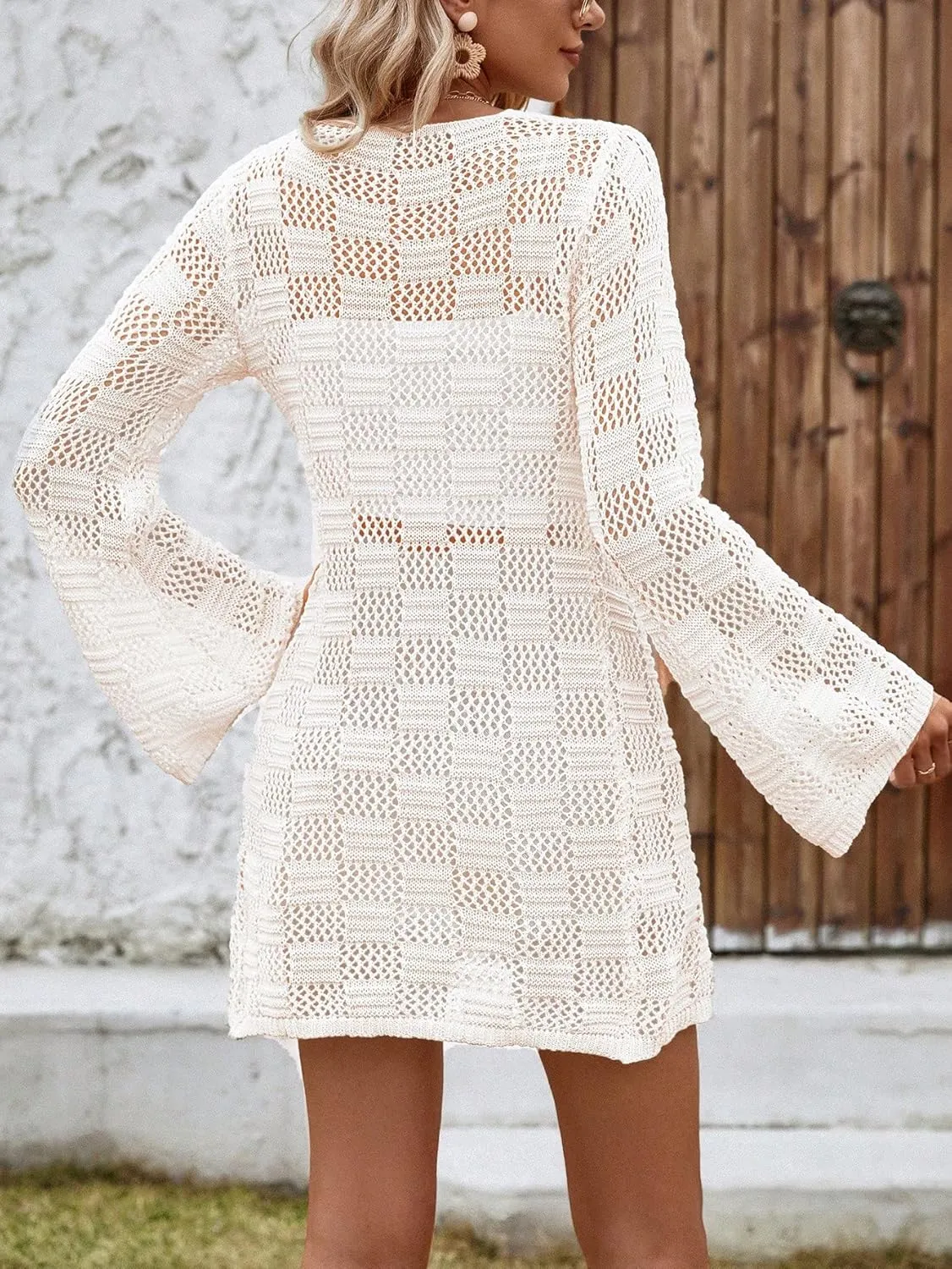 Verdusa Women's Crochet Cardigan Lightweight Kimono Sweater Tie Front Flounce Sleeve Sheer Knit Top