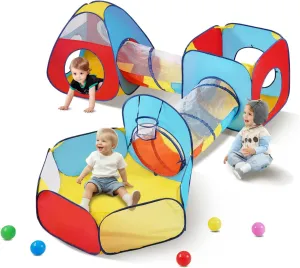 VEVOR 5 in 1 Kids Play Tent with Tunnel, Basketball Hoop for Boys, Girls, Babies and Toddlers, Indoor/Outdoor Pop Up Playhouse with Carrying Bag & Banding Straps Birthday Gifts, Red/Yellow/Blue