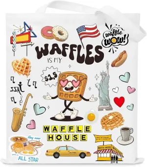 Vibrant and Playful Tote Bag Featuring Cheerful Cartoon Waffles, Delicious Breakfast Icons– Perfect for Waffle Lovers and Fun-Seekers Alike