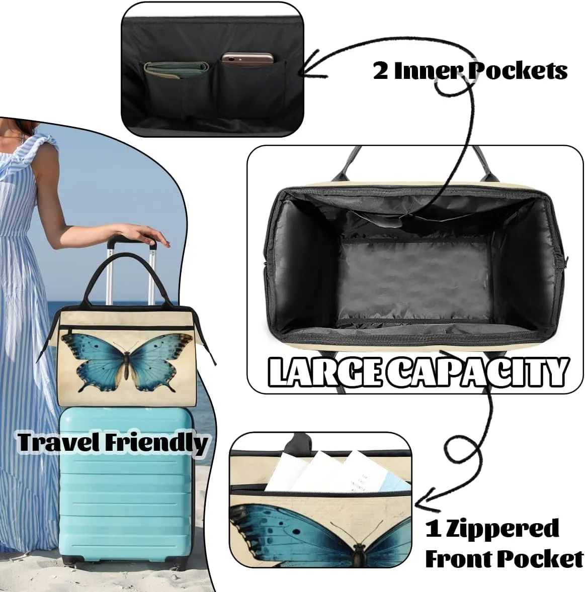 Vintage Blue Butterfly Travel Duffle Bag, Waterproof Duffel Bag Weekender Overnight Carry On Bag Lightweight Sport Gym Bag for Men Women