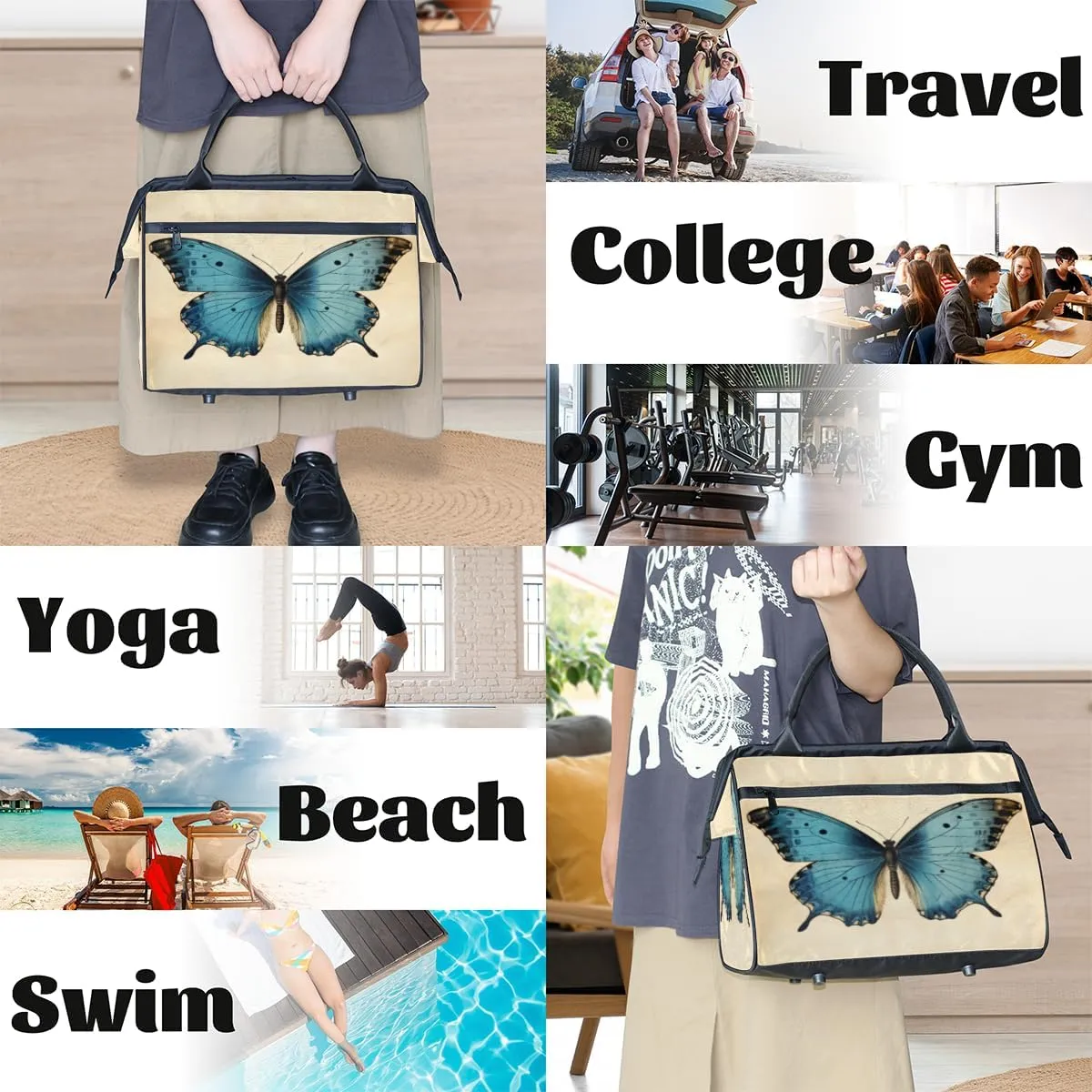 Vintage Blue Butterfly Travel Duffle Bag, Waterproof Duffel Bag Weekender Overnight Carry On Bag Lightweight Sport Gym Bag for Men Women