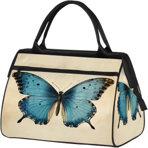 Vintage Blue Butterfly Travel Duffle Bag, Waterproof Duffel Bag Weekender Overnight Carry On Bag Lightweight Sport Gym Bag for Men Women