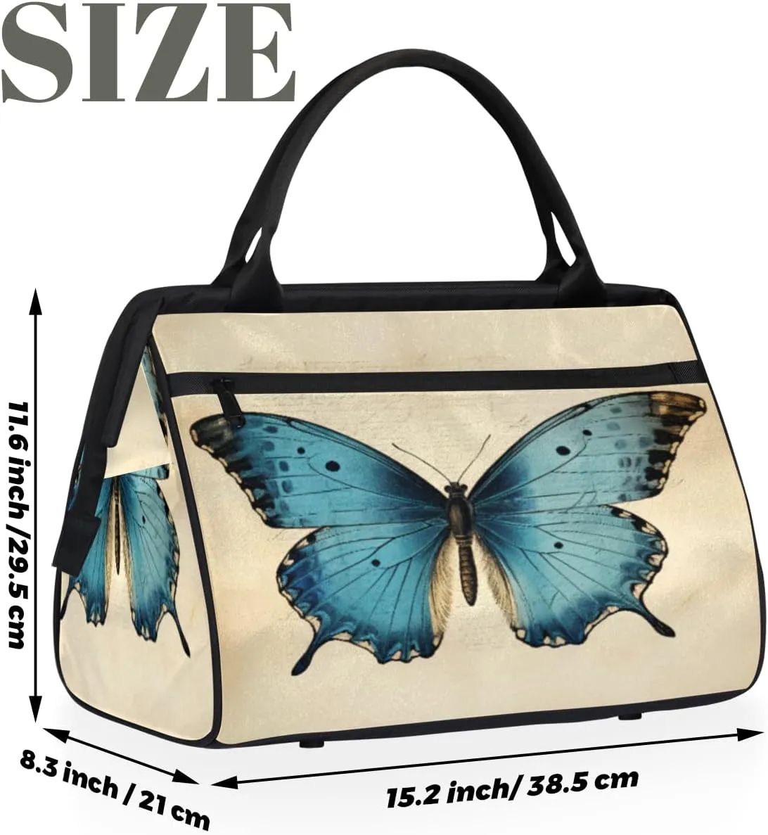 Vintage Blue Butterfly Travel Duffle Bag, Waterproof Duffel Bag Weekender Overnight Carry On Bag Lightweight Sport Gym Bag for Men Women