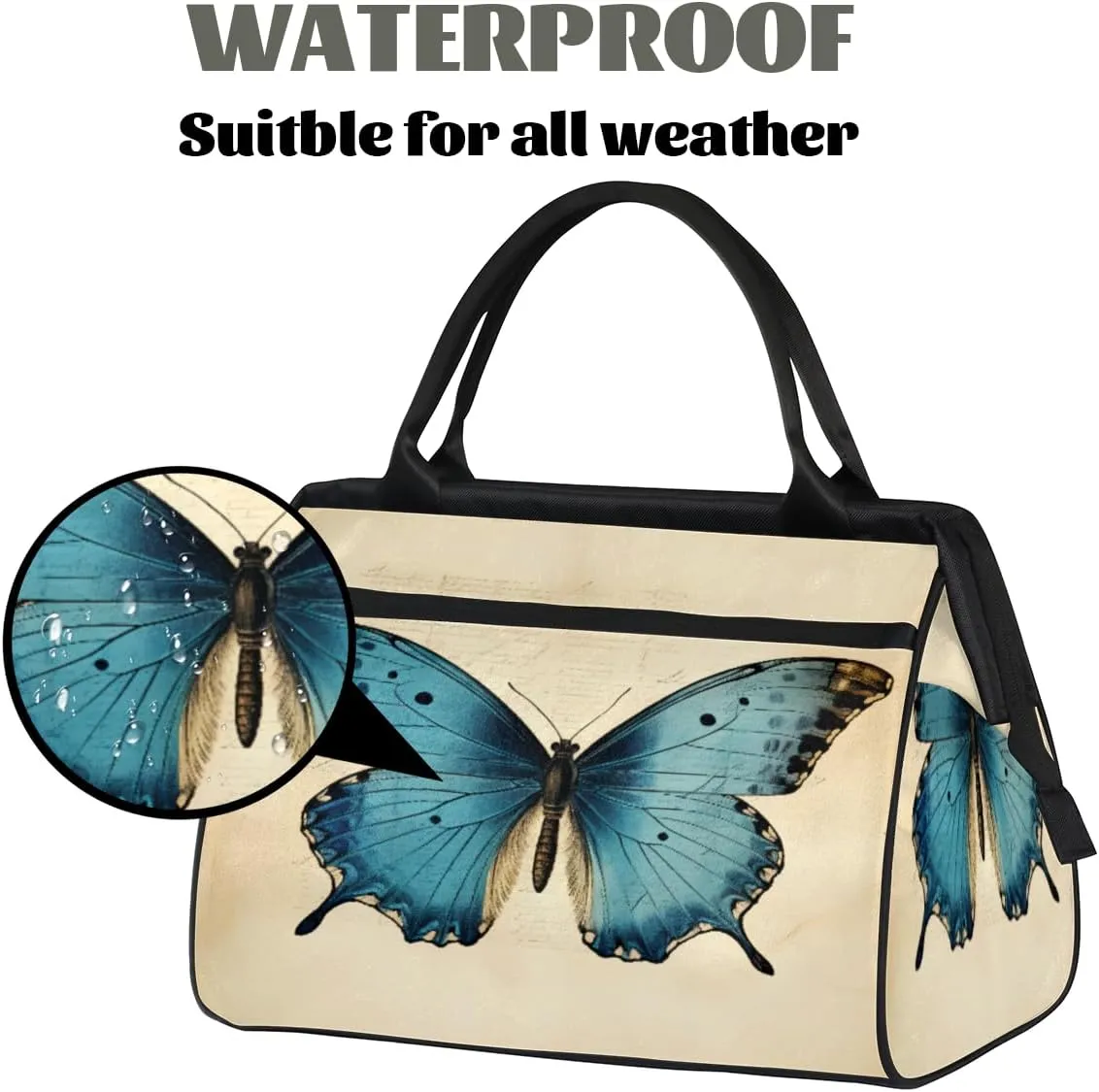 Vintage Blue Butterfly Travel Duffle Bag, Waterproof Duffel Bag Weekender Overnight Carry On Bag Lightweight Sport Gym Bag for Men Women