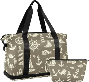 Vintage Blue Sea Voyage Anchor Steering Wheel Ship Lighthouse Gym Duffel Bag, Polyester Travel Weekender Luggage Handbag with Waterproof Pocket for Wet Items, Unisex Foldable Tote for Sports