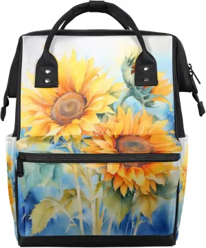 Vintage Sunflower Watercolor Diaper Bag Mommy Bags With Adjustable Shoulder Strap Waterproof Multifunction Shoulder Bag Travel Large Capacity Backpack for Moms And Dads