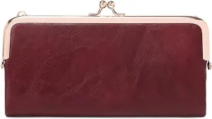 Vintage Women Long Wallets Bifold Ladies Purse Clutch with Kiss Lock and Zip Coin Pocket