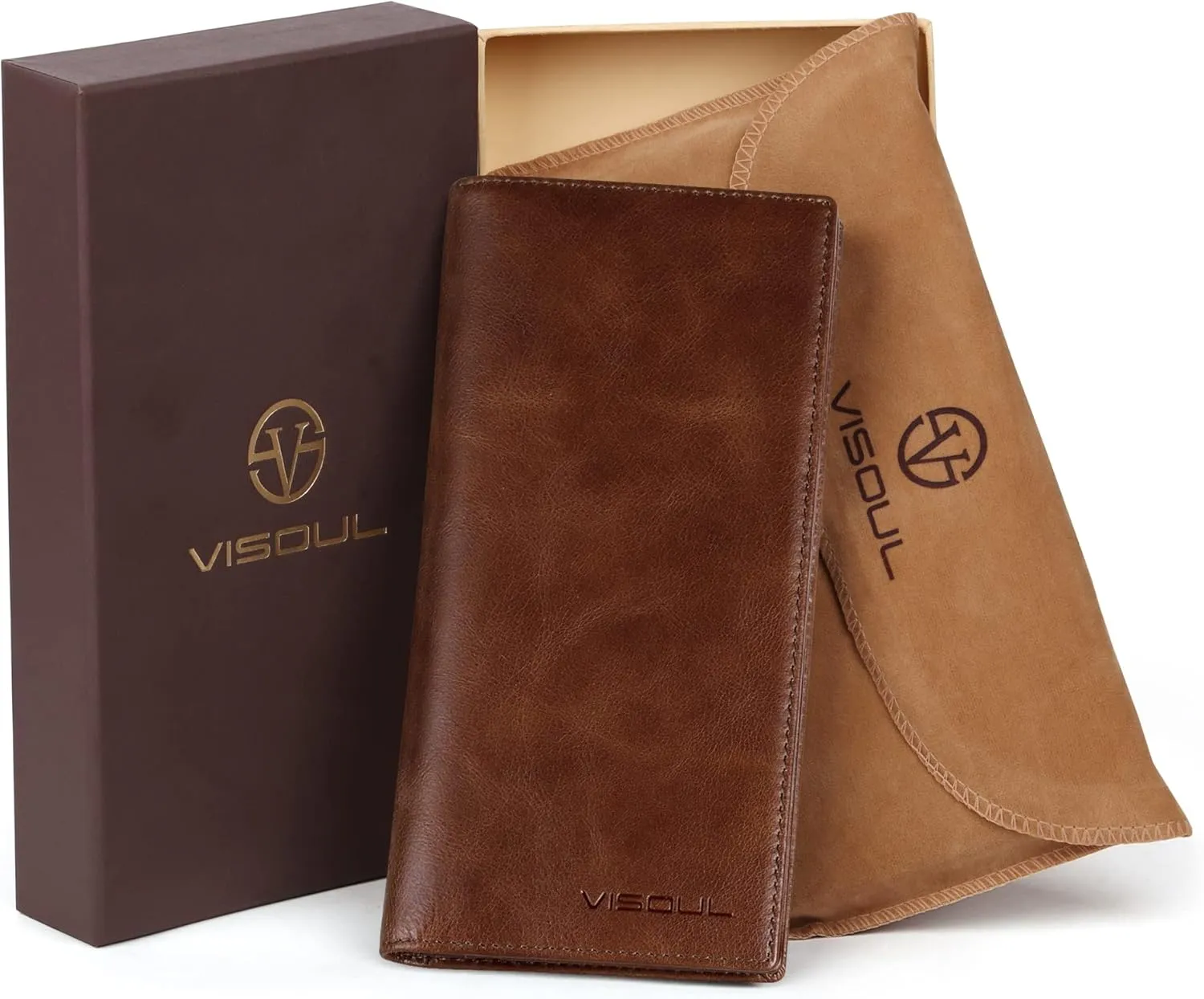 VISOUL Mens Checkbook Leather Wallets Long Bifold Wallets for Men Suit Wallet with 3 Cash Compartments 12 Credit Card Slots (Brown)