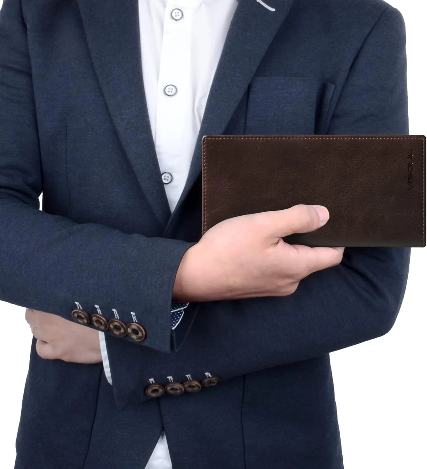 VISOUL Mens Leather Long Checkbook Bifold Wallets with RFID Blocking, Breast Pocket Tall Billfold Secretary Wallet for Men with Card Slots (Coffee)