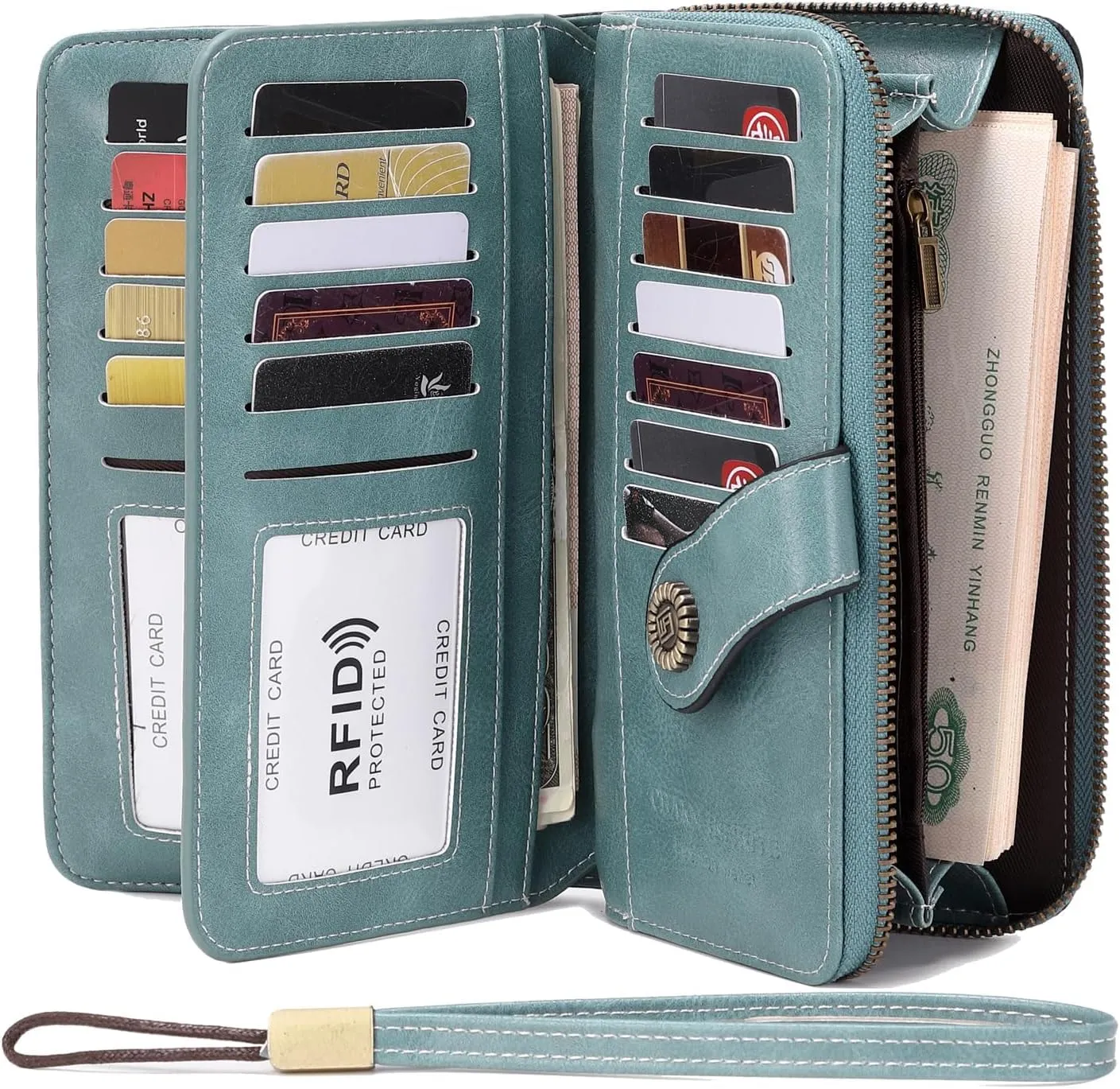 VONCOSS Women Fashion Zip Around Wallet Large Capacity Long Purse Credit Card Phone Holder Clutch with RFID Blocking and Wristlet Strap