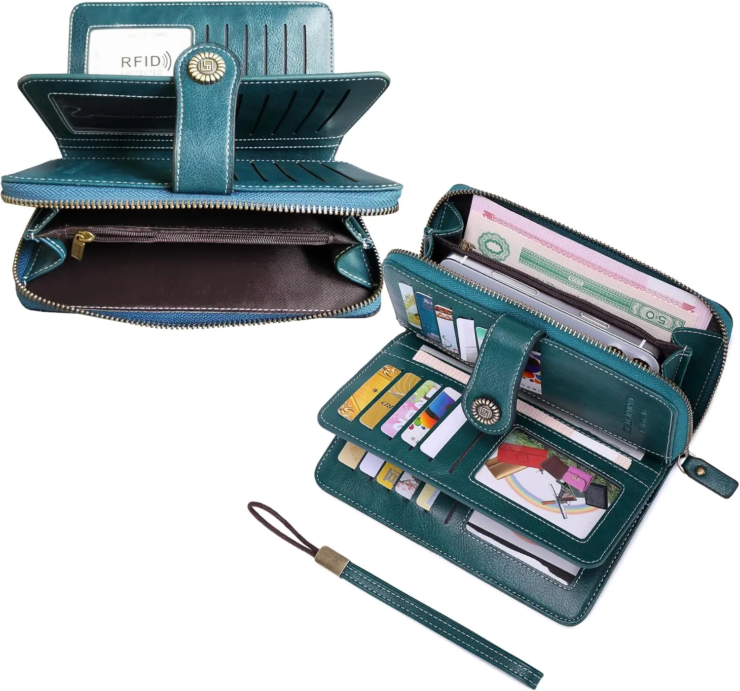 VONCOSS Women Fashion Zip Around Wallet Large Capacity Long Purse Credit Card Phone Holder Clutch with RFID Blocking and Wristlet Strap