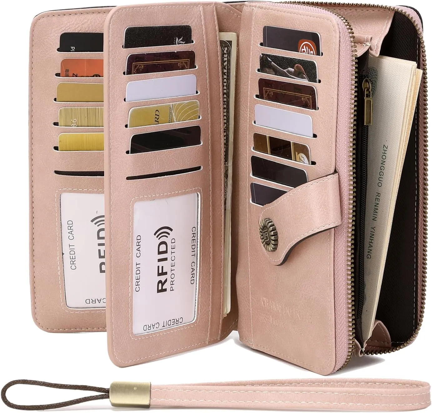 VONCOSS Women Fashion Zip Around Wallet Large Capacity Long Purse Credit Card Phone Holder Clutch with RFID Blocking and Wristlet Strap