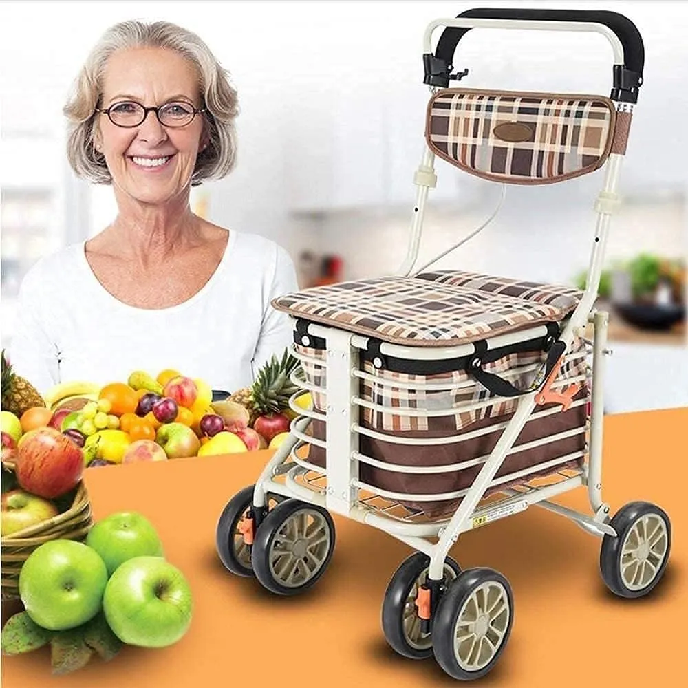 Walkers for The Elderly Rollator,Portable Folding Elderly Shopping Trolleys Aluminium Four Wheeled Walking Aid Walkers with Padded Seat Storage Carry Bag and Brakes Height Adjustable It's