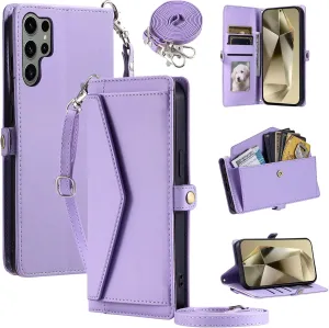 Wallet Case for Samsung Galaxy S21 Ultra 5G with Wrist Strap Shoulder Strap Card Holder Shockproof Soft PU Leather Magnetic Snap Pocket Phone Cover S21ultra 21S S 21 21ultra G5 Women Purple