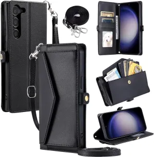 Wallet Case for Samsung Galaxy S23 Plus S23  5G with Wrist Strap Card Holder Shockproof Soft PU Leather Magnetic Snap Pocket Phone Cover S23plus 23S   S 23 23  SM-S916U 6.6 inch Women Black