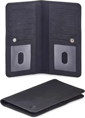 Wallet for Men Women Real Leather Long Bifold RFID Blocking Slim Stylish Credit Card Case Pen Holder with 2 ID Windows in Gift Box (Crazy Horse, Black)