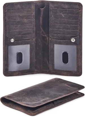 Wallet for Men Women Real Leather Long Bifold RFID Blocking Slim Stylish Credit Card Case Pen Holder with 2 ID Windows in Gift Box (Crazy Horse, Coffee)
