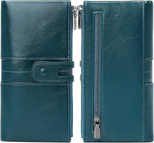 Wallets for Women Wristlet RFID Blocking Genuine Leather Double Zipper Credit Card Holder Large Ladies Clutch Purse