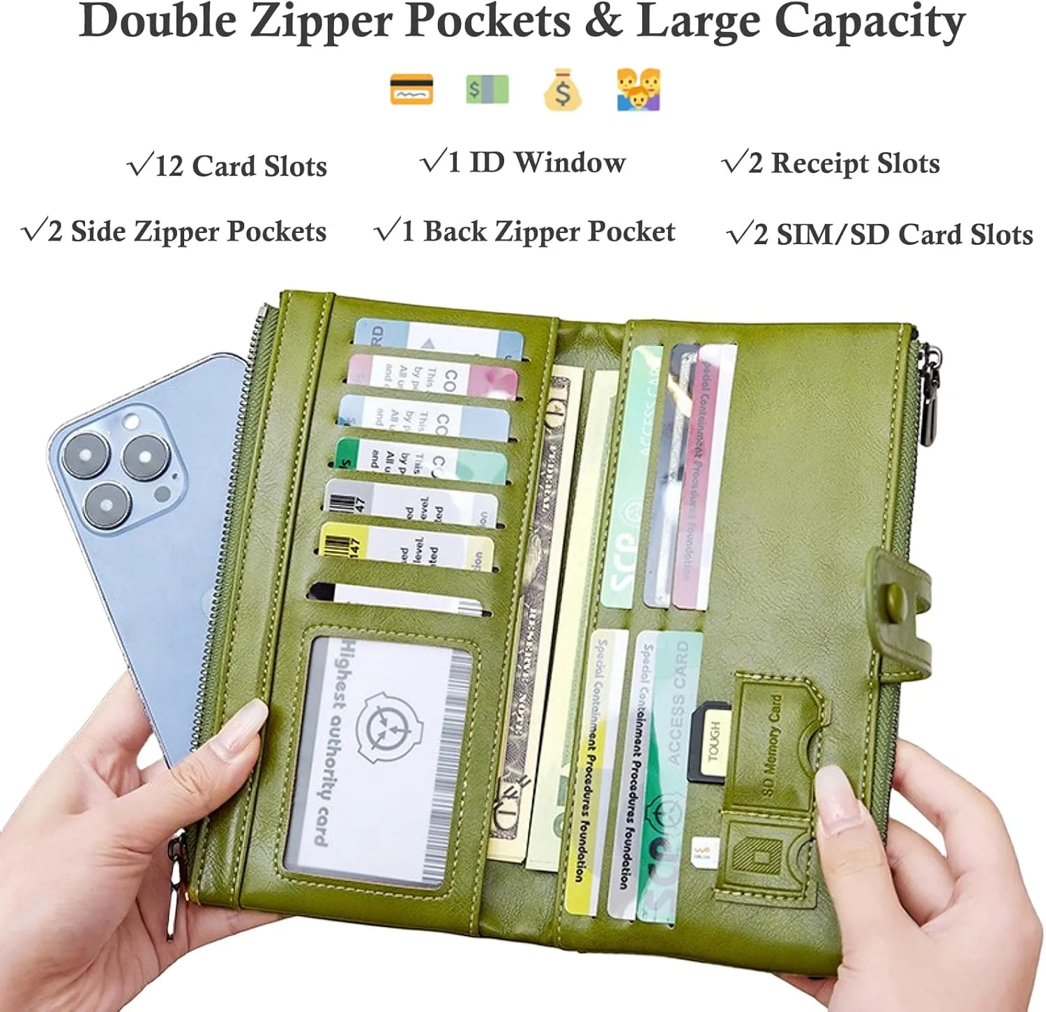 Wallets for Women Wristlet RFID Blocking Genuine Leather Double Zipper Credit Card Holder Large Ladies Clutch Purse