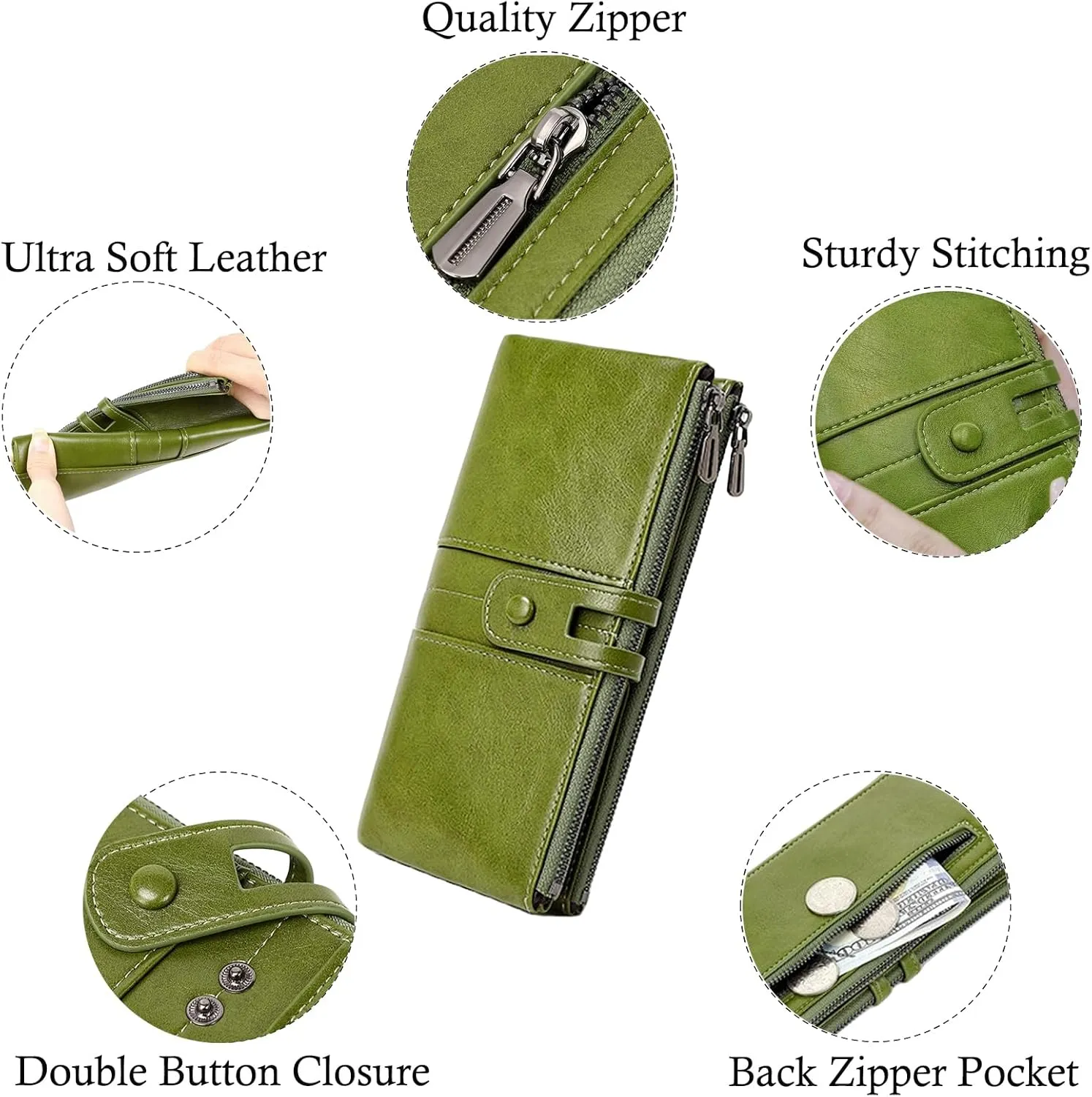 Wallets for Women Wristlet RFID Blocking Genuine Leather Double Zipper Credit Card Holder Large Ladies Clutch Purse